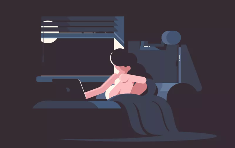 Pretty frustrated girl in bed with laptop at night. Vector illustration