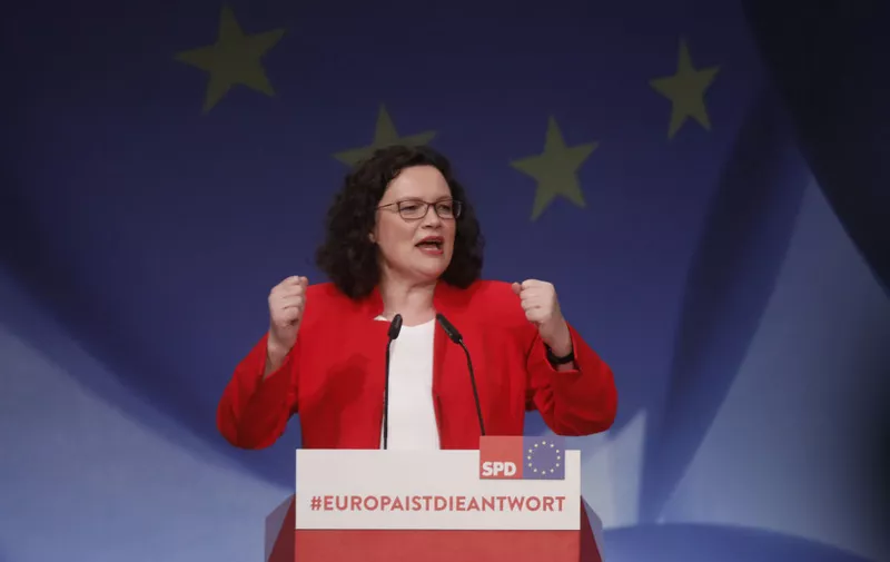 BERLIN, GERMANY - MARCH 23: Andrea Nahles, leader of the German Social Democrats (SPD) speaks at a SPD party congress on March 23, 2019 in Berlin, Germany. SPD members from across Germany have come to agree on the election policy platform ahead of European elections scheduled for May. (Photo by Michele Tantussi/Getty Images)