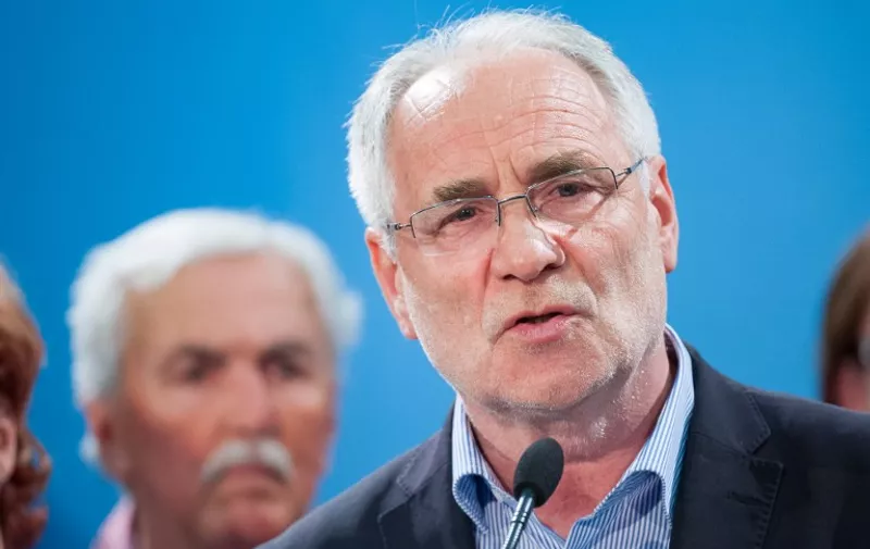 Ivo Vajgl  of the Democratic Party of Pensioners of Slovenia (DeSUS) addresses the media after the announcement of the European Parliament elections results onat the Media Centre in Ljubljana, Slovenia.  AFP PHOTO / Jure Makovec / AFP / Jure Makovec