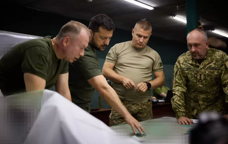 Handout photo dated September 5, 2023 shows President of Ukraine Volodymyr Zelensky (2ndL) and the colonel general Oleksandr Syrskyi (L) visiting the brigades engaged in offensive operations in the Bakhmut sector, in Donetsk region, amid the Russian invasion of Ukraine.,Image: 803241920, License: Rights-managed, Restrictions: ***
HANDOUT image or SOCIAL MEDIA IMAGE or FILMSTILL for EDITORIAL USE ONLY! * Please note: Fees charged by Profimedia are for the Profimedia's services only, and do not, nor are they intended to, convey to the user any ownership of Copyright or License in the material. Profimedia does not claim any ownership including but not limited to Copyright or License in the attached material. By publishing this material you (the user) expressly agree to indemnify and to hold Profimedia and its directors, shareholders and employees harmless from any loss, claims, damages, demands, expenses (including legal fees), or any causes of action or allegation against Profimedia arising out of or connected in any way with publication of the material. Profimedia does not claim any copyright or license in the attached materials. Any downloading fees charged by Profimedia are for Profimedia's services only. * Handling Fee Only 
***, Model Release: no