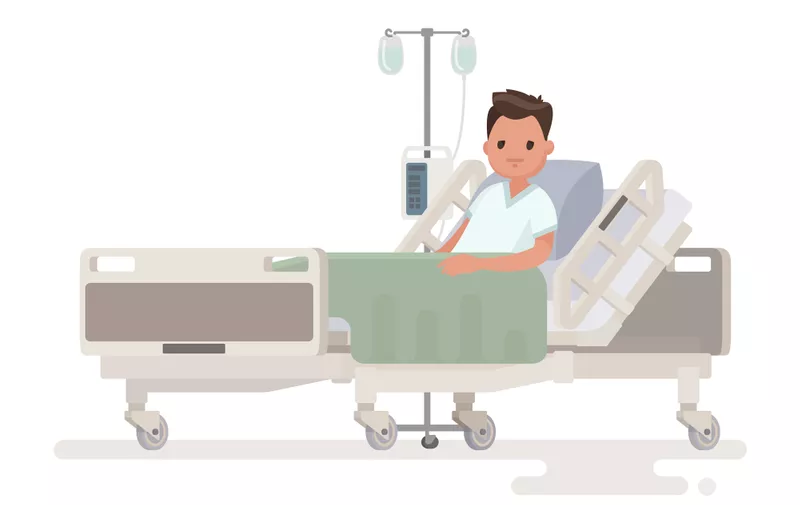Hospitalization of the patient. A sick person is in a medical bed on a drip. Vector illustration in a flat style