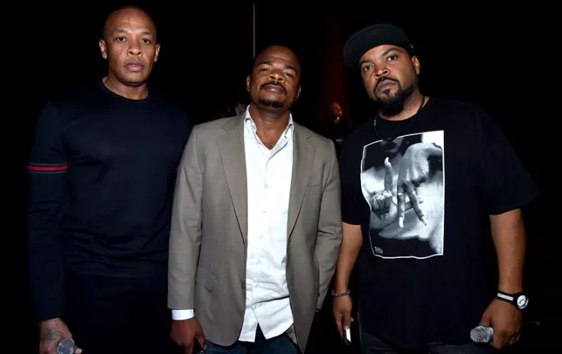 LAS VEGAS, NV - APRIL 23: (L-R) Actor Dr. Dre, director F. Gary Gray and actor Ice Cube attend Universal Pictures Invites You to an Exclusive Product Presentation Highlighting its Summer of 2015 and Beyondat The Colosseum at Caesars Palace during CinemaCon, the official convention of the National Association of Theatre Owners, on April 23, 2015 in Las Vegas, Nevada.   Alberto E. Rodriguez/Getty Images for CinemaCon/AFP