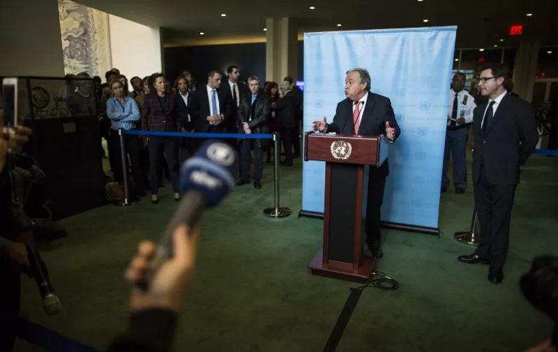 Antonio Guterres speaks to the media after being sworn in as UN secretary general December 12, 2016 at the United Nations in New York / AFP PHOTO / Eduardo Munoz Alvarez