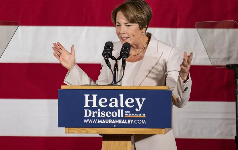 Democratic Massachusetts Governor Elect Maura Healey celebrates victory and delivers a speech during a watch party at the Copley Plaza hotel on election night in Boston, Massachusetts on November 8, 2022. - The US state of Massachusetts on Tuesday elected Democrat Maura Healey as America's first openly lesbian governor, TV networks said.
Healey, 51, flipped the seat from the Republicans, comfortably defeating opponent Geoff Diehl, according to projections by NBC, Fox News and CNN. (Photo by Joseph Prezioso / AFP)