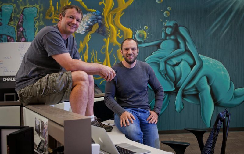 May 23, 2013 - Mountain View, California, United States: WhatsApp founders Brian Acton (left) and Jan Koum (right), at the company headquarters. The popular messaging service WhatsApp was bought by Facebook for $19 billion in Feb. 20, 2014. The deal for the red-hot mobile messaging service WhatsApp is a savvy strategic move for the world's biggest social network Facebook, even if the price tag is staggeringly high, analysts say., Image: 185224285, License: Rights-managed, Restrictions: , Model Release: no, Credit line: Profimedia, Polaris