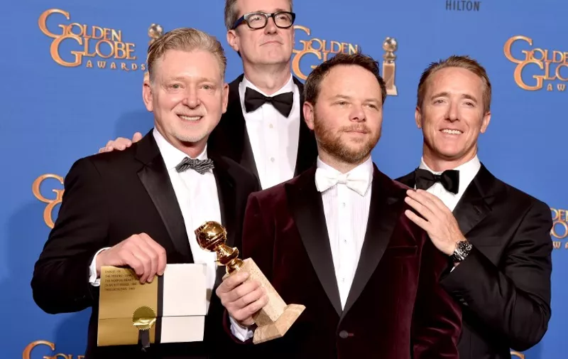 BEVERLY HILLS, CA - JANUARY 11: (L-R) Producers Warren Littlefield, John Cameron, writer/producer Noah Hawley and producer Geyer Kosinski, winners of Best TV Movie or Mini-Series for "Fargo" poses in the press room during the 72nd Annual Golden Globe Awards at The Beverly Hilton Hotel on January 11, 2015 in Beverly Hills, California.   Kevin Winter/Getty Images/AFP