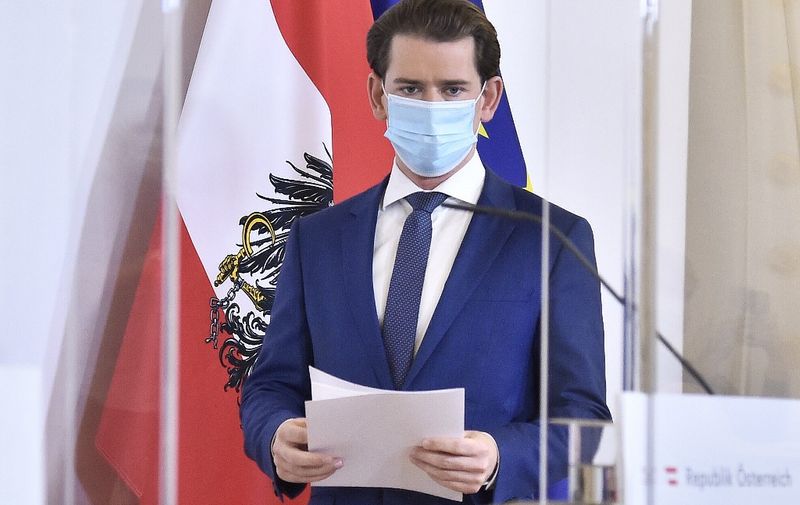 Austrian Chancellor Sebastian Kurz gives a press conference on the new restrictions due to the spread of the coronavirus COVID-19 in the Federal Chancellery in Vienna, Austria, on October 31, 2020. - The Austrian government announced on October 31, 2020 it was bringing in a night-time curfew and shutting restaurants, hotels and some cultural venues in a attempt to halt rocketing coronavirus infection numbers. (Photo by HANS PUNZ / APA / AFP) / Austria OUT