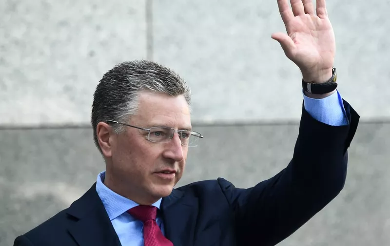 (FILES) In this file photo taken on July 27, 2019 US Ambassador to NATO and US special envoy for Ukraine Kurt Volker waves as he arrives prior to a press-conference in Kiev following his visit in Ukraine. - Kurt Volker, the US special envoy for Ukraine, resigned on September 27, 2019. Secretary of State Mike Pompeo on September 26 defended US diplomats' actions on Ukraine following reports that an envoy arranged contacts at the heart of a growing scandal. NBC News reported that Kurt Volker, the State Department special envoy on Ukraine, had put an official in Kiev in touch with Rudy Giuliani, the US president's lawyer who has championed the investigation of Joe Biden, the former vice president and Democratic frontrunner for the 2020 elections. (Photo by Sergei SUPINSKY / AFP)