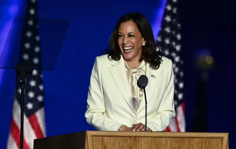 Vice President-elect Kamala Harris delivers remarks in Wilmington, Delaware, on November 7, 2020, after being declared the winner with Joe Biden of the presidential election. (Photo by Jim WATSON / AFP)