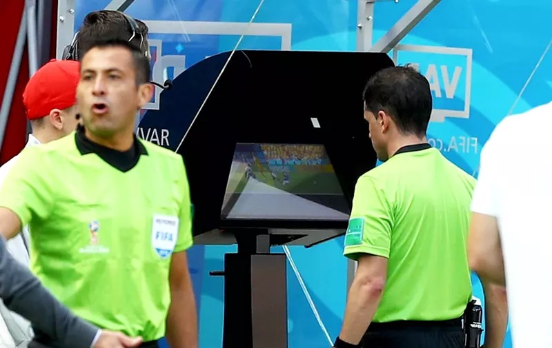 Referee Mr Andres Cunha looks at the VAR before awarding France a penalty kick France v Australia, Group C, 2018 FIFA World Cup football match, Kazan Arena, Russia &#8211; 16 Jun 2018, Image: 375071679, License: Rights-managed, Restrictions: , Model Release: no, Credit line: Profimedia, TEMP Rex Features