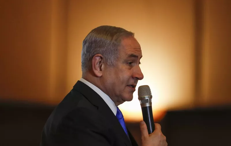 Israeli Prime Minister Benjamin Netanyahu addresses the Conference of Presidents of Major American Jewish Organisations (CoP) in Jerusalem on February 16, 2020. (Photo by EMMANUEL DUNAND / AFP)