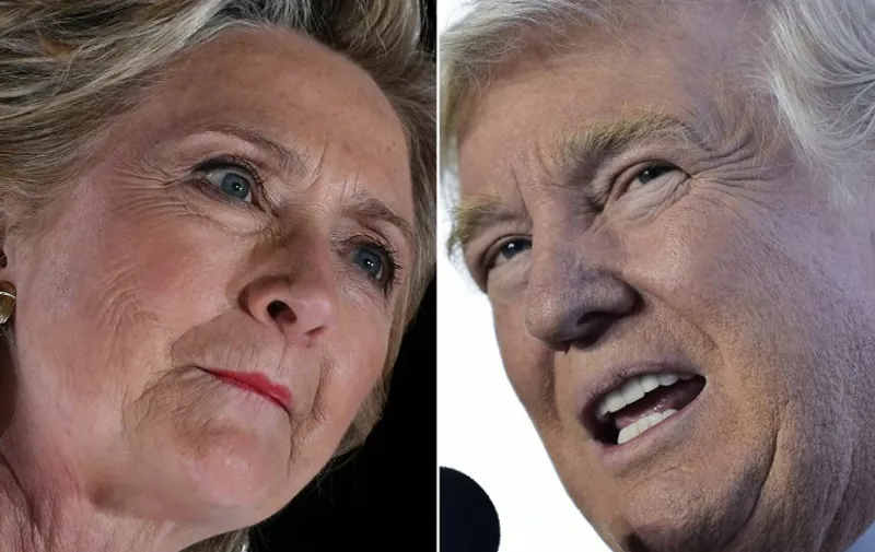 (COMBO)This combination of pictures created on November 04, 2016 shows
US Democratic presidential nominee Hillary Clinton in Sanford, Florida, on November 1, 2016 and Republican presidential nominee Donald Trump in Wilmington, Ohio on November 4, 2016.

With less than one week to go until election day, Hillary Clinton and Donald Trump were barnstorming battleground states. / AFP PHOTO / JEWEL SAMAD AND MANDEL NGAN