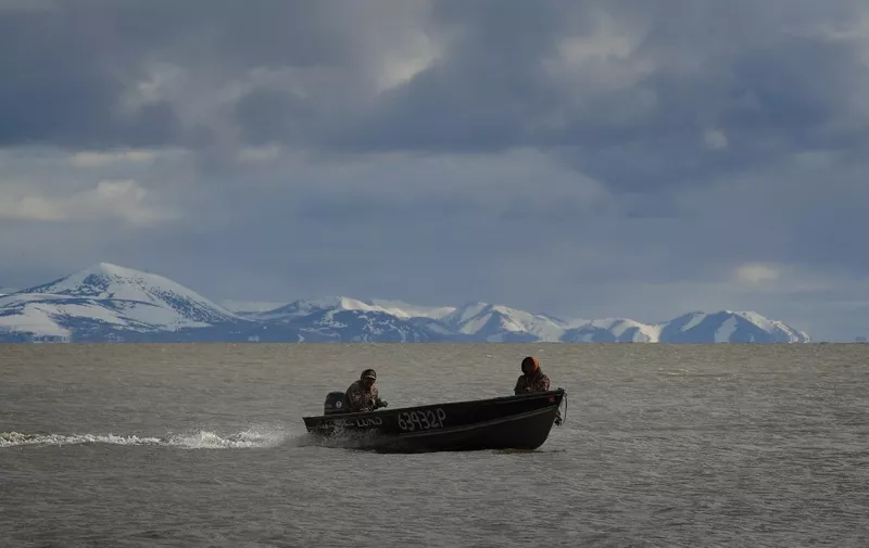 Hunters return from a trip along the coast of the Bering Sea near the climate change affected Yupik Eskimo village of Quinhagak on the Yukon Delta in Alaska on April 12, 2019. - With recent unusually high temperatures life in this remote villages has been affected causing eroded land, flooding, and difficulties to access roads and to hunting. Local leaders are also mulling moving the entire village of 700 people to safer grounds. 
"From 1901 to 2016, average temperatures in the mainland United States increased by 1.8 degrees Fahrenheit (one degree Celsius), whereas in Alaska they increased by 4.7 degrees," said Rick Thoman, a climate expert with the Alaska Center for Climate Assessment and Policy. According to a 2009 report by the Government Accountability Office, the majority of the state's more than 200 native villages are affected by erosion and flooding, with 31 facing "inminent threats". (Photo by Mark RALSTON / AFP)