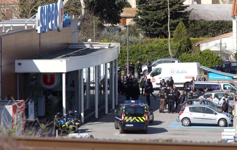 PHOTOPQR / CLAUDE BOYER / LINDEPENDANT / ATTAQUE TERRORISTE AU SUPER U DE TREBES 
LE 23 03 2018


Three dead after jihadist goes on shooting rampage in southern France
At least three people were killed Friday in a shooting spree and hostage siege near Carcassonne in southern France by a gunman claiming allegiance to the Islamic State group. MARCH 23 2018, Image: 366761282, License: Rights-managed, Restrictions: , Model Release: no, Credit line: Profimedia, MAXPPP