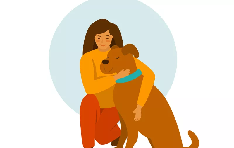 girl with a dog hug cute vector illustration scene