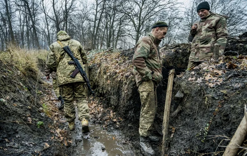 Mudy trenches of the ukrainian lines in the forests near Bakhmut, Ukraine. (Photo by Celestino Arce/NurPhoto) (Photo by Celestino Arce / NurPhoto / NurPhoto via AFP)