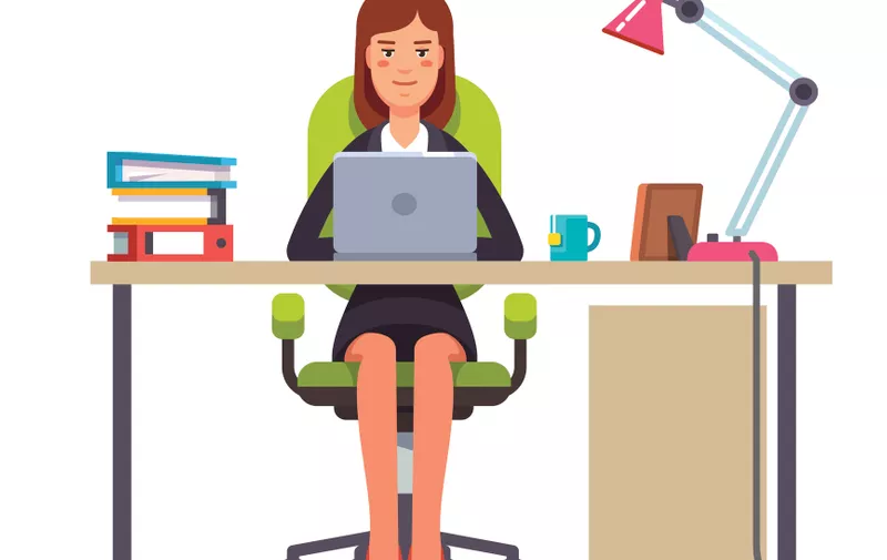 Business woman or a clerk working at her office desk. Flat style modern vector illustration.