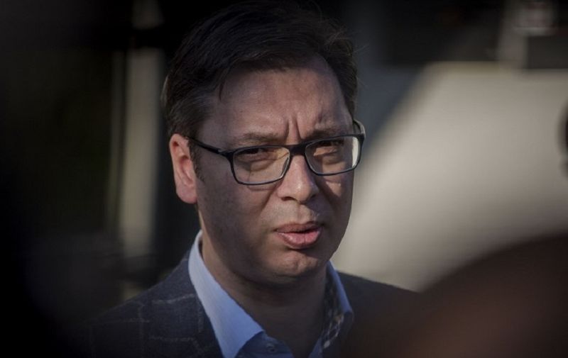 Presidential candidate and Serbian Prime Minister Aleksandar Vucic speaks to the press after casting his ballot at a polling station in Belgrade on April 2, 2017.
Serbians head to the polls to elect a new president, with strongman Aleksandar Vucic hoping to tighten his grip on power amid opposition accusations he is shifting the country to authoritarian rule. / AFP PHOTO / OLIVER BUNIC