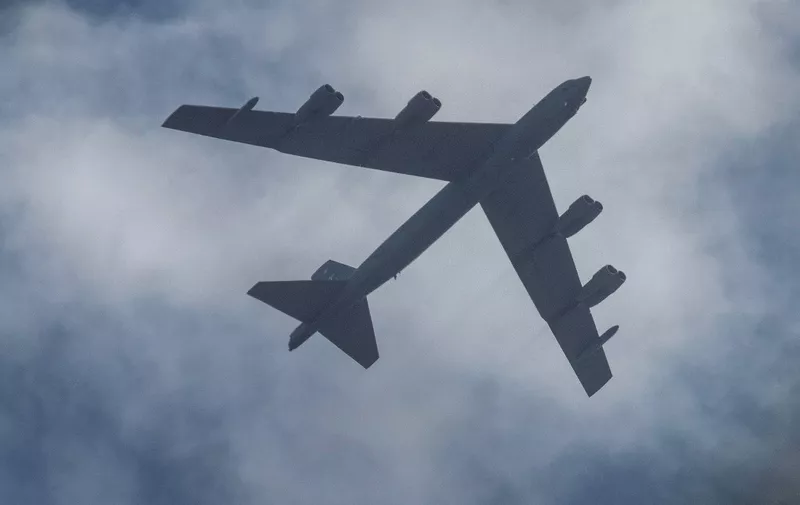 A US Air Force's B-52 bomber flies over Skopje, on August 22, 2022. - Two US B-52 bombers, currently stationed at Fairford Air Force Base in the United Kingdom, are making low-flying flights over southeastern Europe to demonstrate the US commitment to the security of NATO allies located in the southeast of Europe, according to a press release. The bombers will fly over the government building in Skopje, Skanderbeg square in Tirana, the coast of Montenegro and Dubrovnik. (Photo by Robert ATANASOVSKI / AFP)