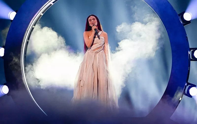 Russian-Israeli singer Eden Golan representing Israel with the song "Hurricane" performs on stage during the dress-rehearsal on the eve of the final of the 68th Eurovision Song Contest (ESC) 2024 on May 10, 2024 at the Malmo Arena in Malmo, Sweden. (Photo by Tobias SCHWARZ / AFP)
