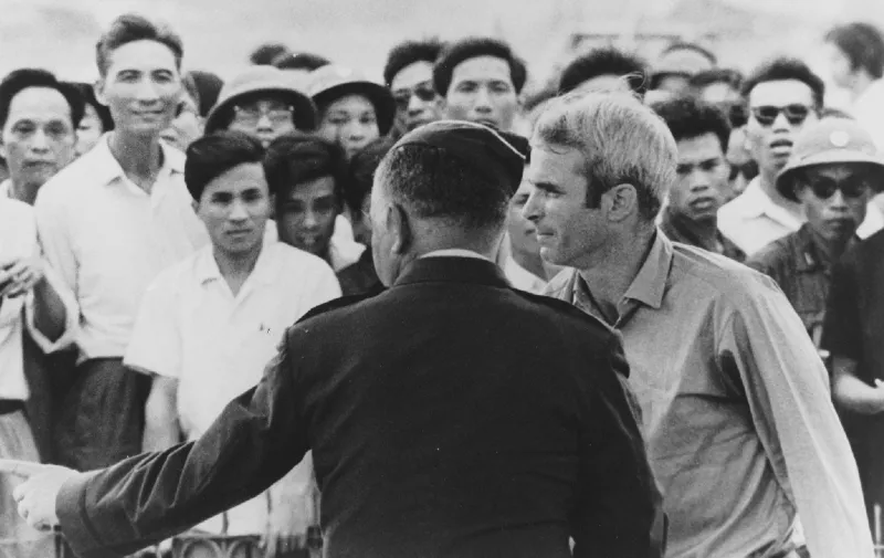 Mar 14, 1973 - Hanoi, Vietnam - JOHN MCCAIN on his release from captivity in North Vietnam. John Sidney McCain III (born August 29, 1936) is the senior United States Senator from Arizona and presumptive Republican Party nominee for President of the United States in the upcoming 2008 election. During the Vietnam War, he nearly lost his life in the 1967 USS Forrestal fire. Later that year while on a bombing mission over North Vietnam, he was shot down, badly injured, and captured as a prisoner of war by the North Vietnamese. He spent five and a half years as a prisoner of war, experiencing episodes of torture; his war wounds would leave him with some lifelong physical disabilities., Image: 384045228, License: Rights-managed, Restrictions: , Model Release: no, Credit line: Profimedia, Zuma Press - News