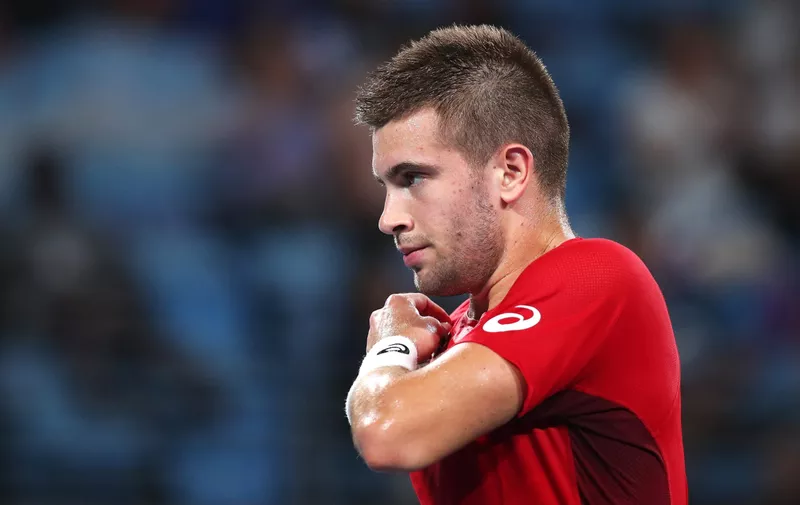 SYDNEY, AUSTRALIA - JANUARY 08: Borna Coric of Croatia looks on during his Group E singles match against Diego Schwartzman of Argentina during day six of the 2020 ATP Cup Group Stage at Ken Rosewall Arena on January 08, 2020 in Sydney, Australia. (Photo by Cameron Spencer/Getty Images)