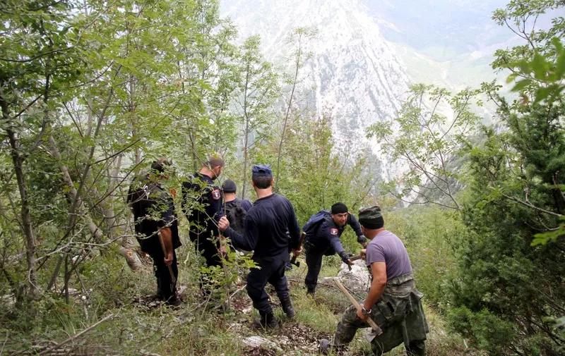 Albanian police forces walk to find fields with cannabis plants in a remote mountainous area of eastern Albania, in the Onuri mountain in the Kruja region on September 21, 2016. Small mountainous Albania was for decades Europe's most isolated country, but now 26 years after toppling communism it has emerged with the unwanted distinction of being the continent's top marijuana producer. (Photo by GENT SHKULLAKU / AFP)