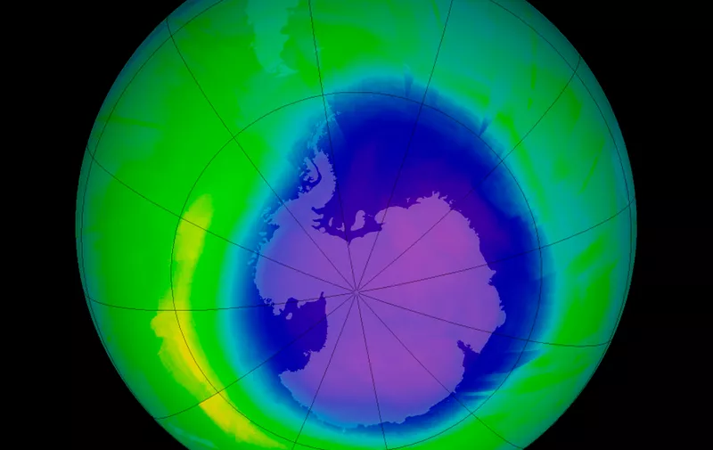 Antarctic ozone hole. Satellite image of the ozone hole (purple) over Antarctica (centre) on 25th September 2010. Ozone layer thicknesses are colour coded from purple (lowest) through blue, cyan and green to yellow (highest). The ozone hole was at its annual maximum, covering an area of over 22 million square kilometres. Chlorofluorocarbons (CFCs), which were responsible for much of the ozone depletion were phased out from the late 1980s to the mid 1990s, but the damage to the ozone didn't peak until 2006. Ozone depletion has now stabilised. Data from the Ozone Monitoring Instrument (OMI) on NASA's Aura satellite.,Image: 102148289, License: Rights-managed, Restrictions: , Model Release: no