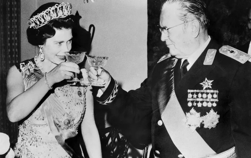 The Queen Elizabeth II greets Marshall Josip Broz Tito, 21 October 1972 during her official visit in Yougoslavia. (Photo by - / AFP)