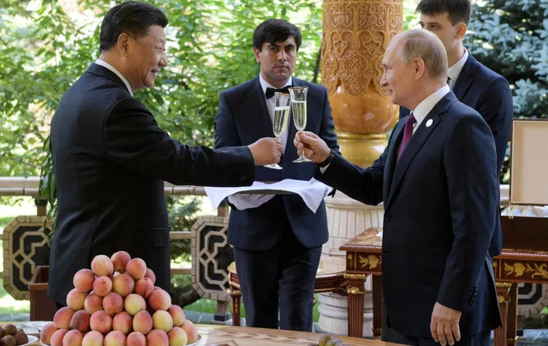 Russian President Vladimir Putin (L) and Chinese President Xi Jinping (R) toast before the fifth regular foreign ministers' meeting of the Conference on Interaction and Confidence Building Measures in Asia (CICA) at the Diaoyutai State Guesthouse in Dushanbe on June 15, 2019. (Photo by Alexei Druzhinin / Sputnik / AFP)