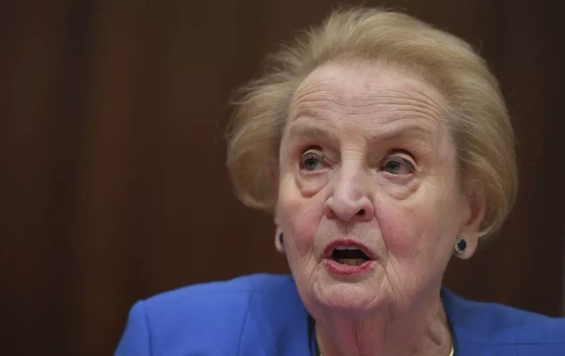 (FILES) In this file photo taken on February 26, 2019 Former US Secretary of State Madeleine Albright speaks during a hearing on "National Security Implications of the Rise of Authoritarianism Around the World" at the Cannon House Office Building on Capitol Hill in Washington,DC. - Madeleine Albright, the first female US secretary of state and one of the most influential stateswomen of her generation, has died of cancer at age 84, her family announced Wednesday. (Photo by MANDEL NGAN / AFP)