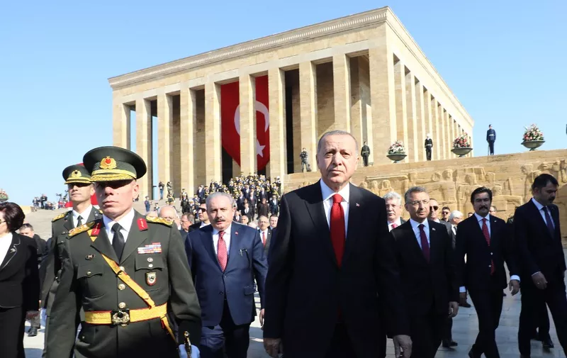 Turkish President Recep Tayyip Erdogan visits the Anitkabir, the mausoleum of Mustafa Kemal Ataturk, founder of Turkish Republic, as part of 96th Republic Day commemorations in Ankara on October 29, 2019. (Photo by Adem ALTAN / AFP)