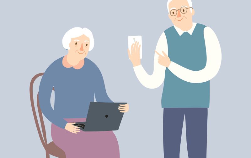 Lovely cartoon grandparents using internet on gadgets and computers. Vector illustration for your design.