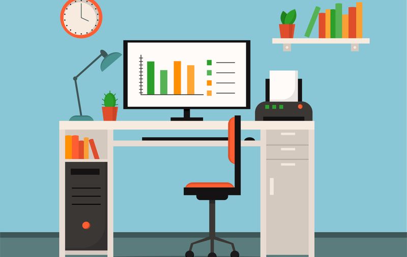 Home office, freelance, work place home interior -table, computer, printer, lamp, books, clocks, plants and office chair. Flat style vector illustration.
