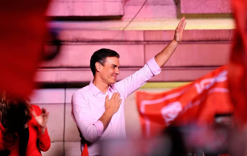 (190429) -- MADRID, April 29, 2019 () -- Spain's Prime Minister Pedro Sanchez greets supporters at the headquarters of the Spanish Socialist Party (PSOE) in Madrid, Spain, on April 28, 2019. The Spanish Socialist Party of Prime Minister Pedro Sanchez led in the Spanish election on Sunday when 95.6 percent of the votes were counted, but will need to pact with other parties to form a government., Image: 429523108, License: Rights-managed, Restrictions: WORLD RIGHTS excluding China - Fee Payable Upon Reproduction - For queries contact Avalon.red - sales@avalon.red London: +44 (0) 20 7421 6000 Los Angeles: +1 (310) 822 0419 Berlin: +49 (0) 30 76 212 251, Model Release: no, Credit line: Profimedia, UPPA News