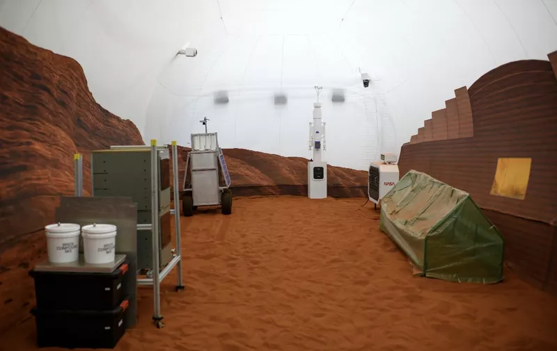 A simulated Mars exterior portion of the CHAPEAs Mars Dune Alpha at the Johnson Space center in Houston, Texas on April 11, 2023. CHAPEAs Mars Dune Alpha is a 3D printed habitat designed to serve as an analog for one-year missions. (Photo by Mark Felix / AFP)