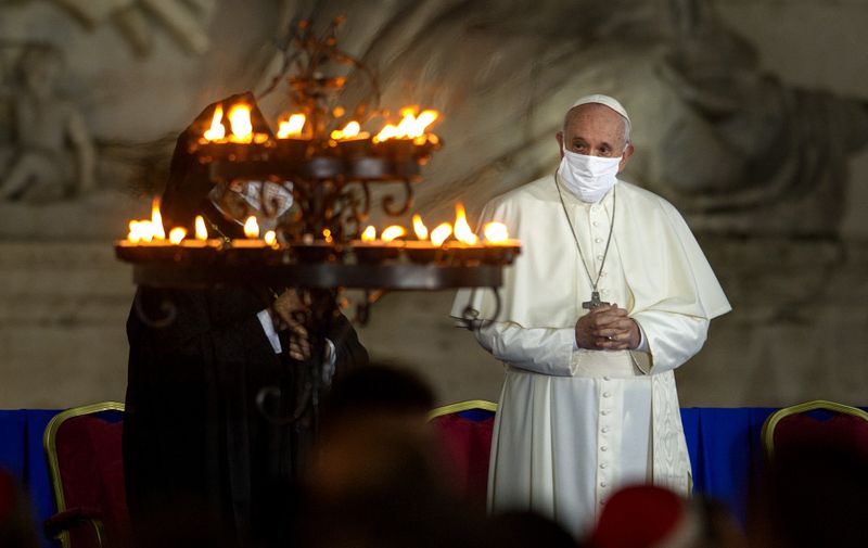 Pope Francis during the International Meeting of Prayer for Peace: No one is saved alone. Peace and Fraternity, in Campidoglio
International Meeting of Prayer for Peace, Rome, Italy - 20 Oct 2020,Image: 564815017, License: Rights-managed, Restrictions: , Model Release: no