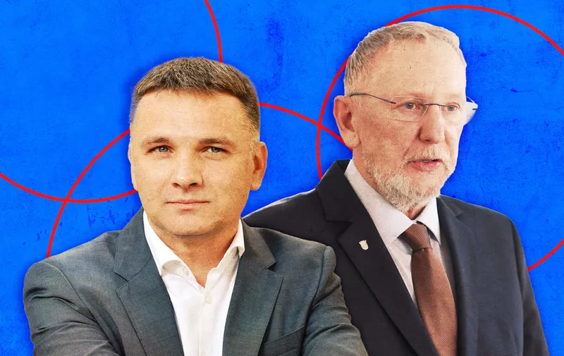 Dva političara u odijelima na plavoj pozadini s crvenim grafičkim linijama
