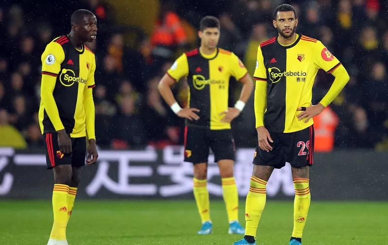 WATFORD, ENGLAND - NOVEMBER 23: Dejected Watford players look on during the Premier League match between Watford FC and Burnley FC at Vicarage Road on November 23, 2019 in Watford, United Kingdom. (Photo by Marc Atkins/Getty Images)