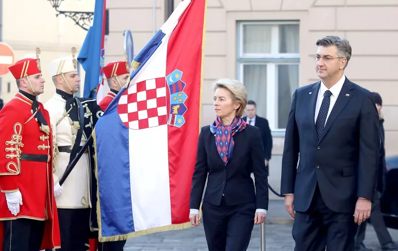 (200110) -- ZAGREB, Jan. 10, 2020  -- Croatian Prime Minister Andrej Plenkovic (1st R) and European Commission President Ursula von der Leyen (2nd R) inspect the Guards of Honor in Zagreb, Croatia, on Jan. 10, 2020. (Patrik Macek/Pixsell via,Image: 492118270, License: Rights-managed, Restrictions: WORLDWIDE RIGHTS AVAILABLE EXCLUDING CHINA, HONG KONG ONLY. End users shall not licence, sell, transmit, or otherwise distribute any photographs represented by eyevine, to any third party. Contact eyevine for more information: Tel: +44 (0) 20 8709 8709 Ema, Model Release: no, Credit line: Profimedia