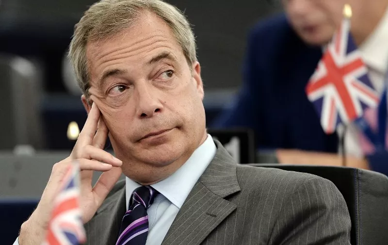 UK Independence Party (UKIP) leader Nigel Farage attends a debate on the European Commission's 315 billion investment plan for Europe, on June 8, 2016 at the European Parliament in Strasbourg, northeastern France.  / AFP PHOTO / FREDERICK FLORIN