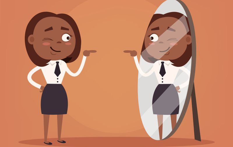 Happy smiling narcissistic black African American business woman. Vector flat cartoon illustration, Image: 341060912, License: Royalty-free, Restrictions: , Model Release: no, Credit line: Profimedia, Stock Budget