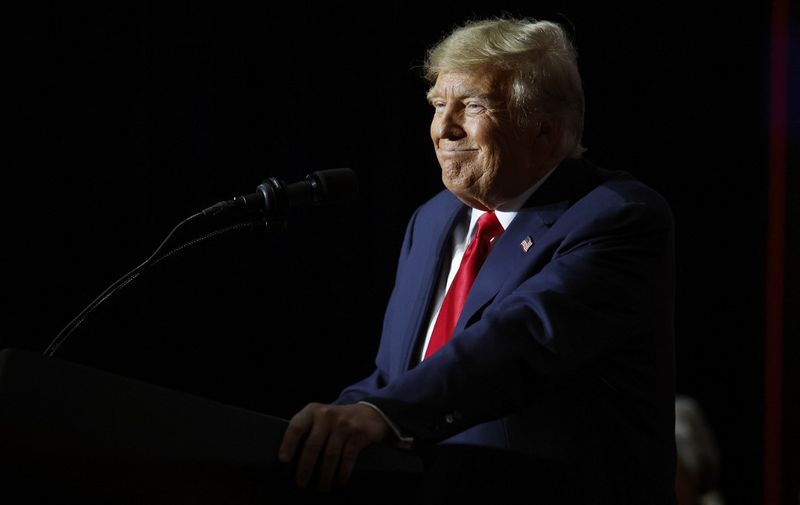 DES MOINES, IOWA - JANUARY 15: Republican presidential candidate, former U.S. President Donald Trump speaks during his caucus night event at the Iowa Events Center on January 15, 2024 in Des Moines, Iowa. Iowans voted today in the states caucuses for the first contest in the 2024 Republican presidential nominating process. Trump has been projected winner of the Iowa caucus.   Chip Somodevilla/Getty Images/AFP (Photo by CHIP SOMODEVILLA / GETTY IMAGES NORTH AMERICA / Getty Images via AFP)