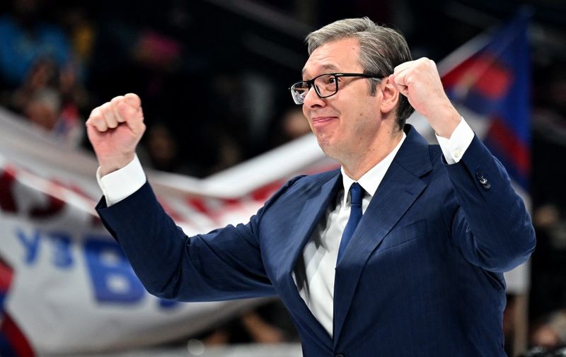 Serbian President  Aleksandar Vucic gestures during a political rally of the Serbian Progressive Party (SNS) at the Stark Arena in Belgrade on December 2, 2023, ahead of the December 17 elections. Along with parliamentary elections, Serbian citizens will cast ballots in 65 municipalities, including the capital Belgrade.
During the last elections in April 2022, the SNS -- which has been in power since 2012 -- and coalition partners won 120 of the 250 seats in parliament. (Photo by Andrej ISAKOVIC / AFP)