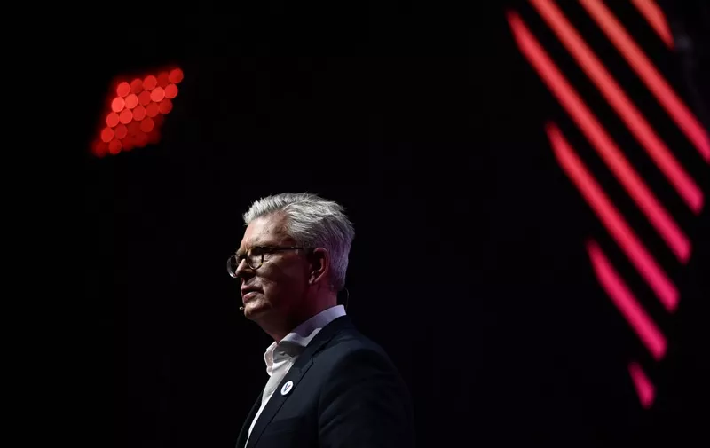 Swedish CEO of the multinational networking and telecommunications company Ericsson Borje Ekholm speaks during his visit at the Vivatech startups and innovation fair, in Paris on May 16, 2019. (Photo by Philippe LOPEZ / AFP)