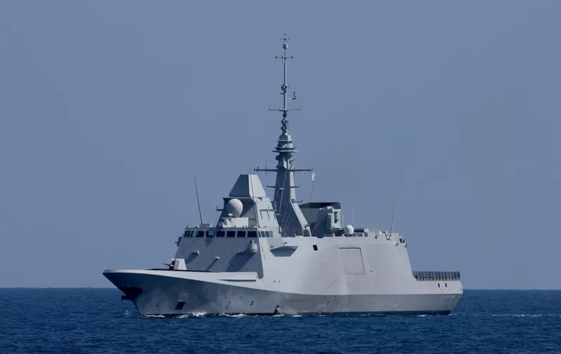 The French Languedoc (D653), a FREMM multipurpose frigate, performs manuevers during the "Noble Dina 23" multilateral aeronautical exercise in the Mediterranean sea on March 27, 2023. (Photo by JACK GUEZ / AFP)