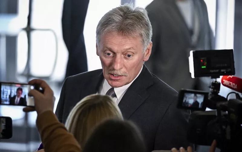 Kremlin spokesman Dmitry Peskov addresses media on a sidelines of the Congress of The Russian Union of Industrialists and Entrepreneurs (RSPP) in Moscow on April 25, 2024. (Photo by Alexander NEMENOV / AFP)