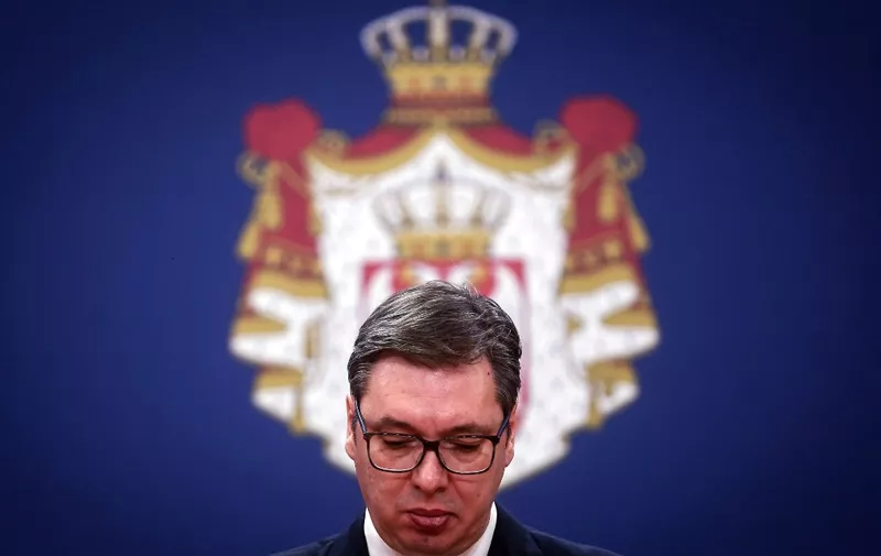 Serbian President Aleksandar Vucic addresses the public on March 15, 2020, in Belgrade. - Serbia's president declared a state of emergency on March 15n 2020 to halt the spread of the new coronavirus, shutting down many public spaces and deploying soldiers to guard hospitals. (Photo by Oliver BUNIC / AFP)