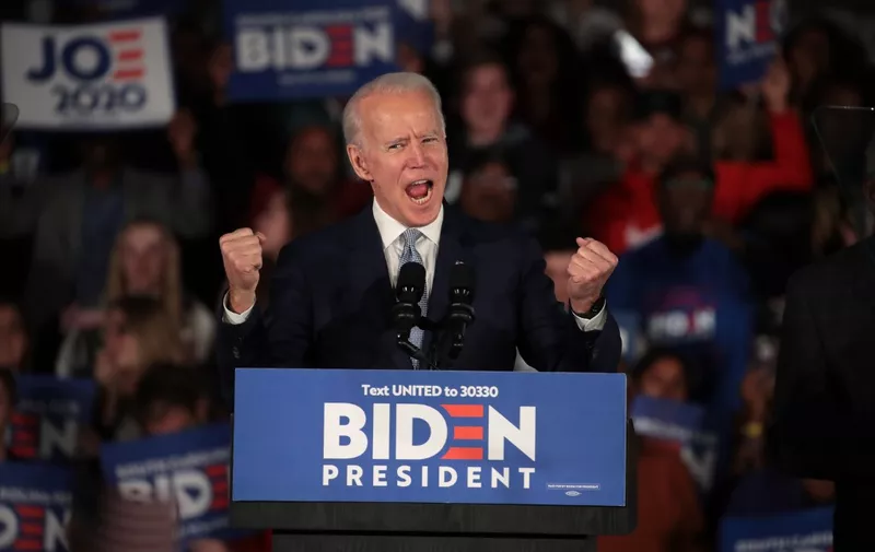 COLUMBIA, SOUTH CAROLINA - FEBRUARY 29: Democratic presidential candidate former Vice President Joe Biden celebrates with his supporters after declaring victory at an election-night rally at the University of South Carolina Volleyball Center on February 29, 2020 in Columbia, South Carolina. The next big contest for the Democratic candidates will be Super Tuesday on March 3, when 14 states and American Samoa go to the polls.   Scott Olson/Getty Images/AFP