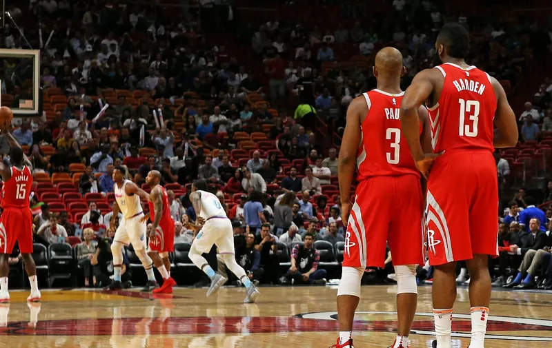 The Houston Rockets&#8217; Chris Paul (3) talks with teammate James Harden (13) as Clint Capela (15) shoots a free throw during the first quarter against the Miami Heat at the AmericanAirlines Arena in Miami on Wednesday, Feb. 7, 2018., Image: 362603207, License: Rights-managed, Restrictions: *** World Rights *** US Newspapers Out ***, Model Release: no, [&hellip;]